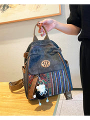 Black Gray Embroidery Canvas Backpack Boho Style Backpack Vintage Convertible Boho Crossbody Bag - Feltify