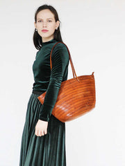 Womens Brown Leather Bucket Tote Purse Vintage Tote Shopper Shoulder Bag for Ladies