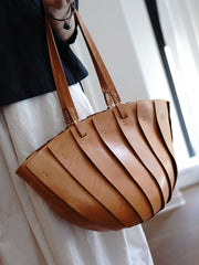 Vintage Brown Leather Splicing Bucket Handbag Tote Women Handmade Shoulder Tote Bag for Women