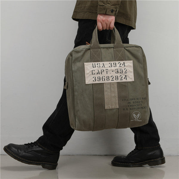 Army Green Canvas Mens Pilot Handbag Canvas - Back View