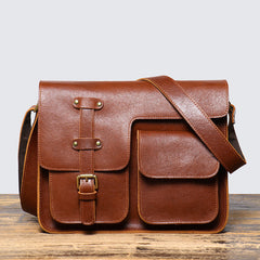 Brown Leather Messenger Bag with Flap 