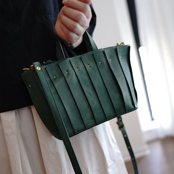 Vintage Green Leather Splicing Handbag Tote Women Handmade Tote Shoulder Bag for Women