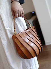 Vintage Coffee Leather Splicing Bucket Handbag Women Handmade Small Shoulder Bag for Women