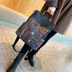 Vintage Convertible Large Boho Style Backpack Black Gray Embroidery Canvas Backpack Boho Crossbody Bag - Feltify
