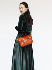 Womens Brown Small Leather Satchel Crossbody Bag Vintage School Handbag Shoulder Bag for Ladies