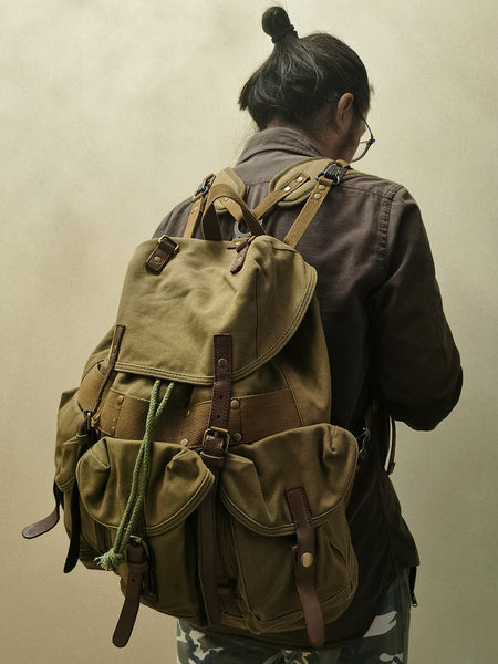 Khaki Mens Canvas Travel Backpack Canvas EDC Backpack Hiking Backpacks for Men LSB02281008