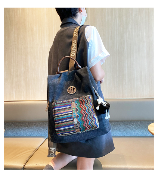 Boho Style Backpack Womens Canvas Backpack Vintage Black Gray Embroidery Boho Ba DENIM01261052