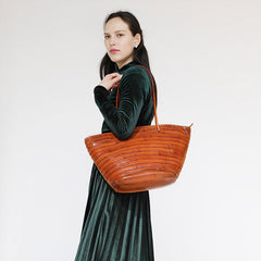 Womens Brown Leather Bucket Tote Purse Vintage Tote Shopper Shoulder Bag for Ladies