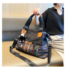 Black Gray Canvas Ladies Handbags Boho Crossbody Bag Boho Handbag Canvas Boho Shoulder Bag - Feltify