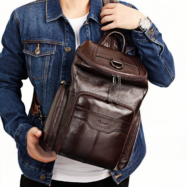 Coffee Leather Large Sling Bag For Men - Back View