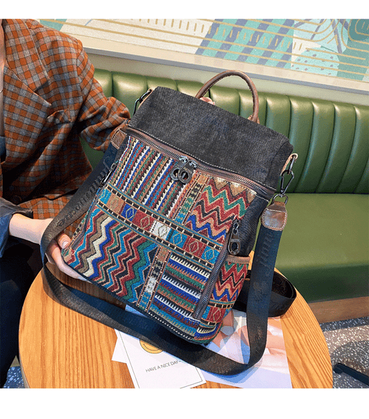 Vintage Convertible Large Boho Style Backpack Black Gray Embroidery Canvas Backp DENIM01261041