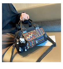 Black Gray Boho Handbag Canvas Embroidery Shoulder Bag Black Gray Canvas Crossbody Bag - Feltify