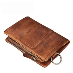 Brown leather biker wallet side view with zipper coin pocket and key ring