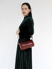 Womens Coffee Small Leather Barrel Crossbody Bag Vintage Barrel Shoulder Bags for Ladies