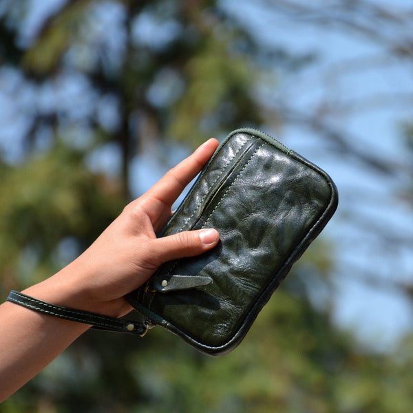 Green Leather Wristlet Clutch Wallet for Men 