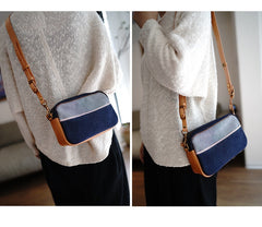 Denim Small Phone Bag Two-tone Denim Leather Crossbody Bag Small Jean Shoulder Bag - Feltify