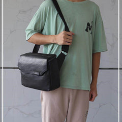 Black Leather Messenger Bag - Front View