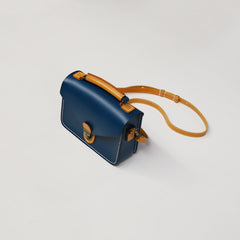 Handmade Womens Navy Leather Cube Satchel Purse Womens School Shoulder Bag for Ladies