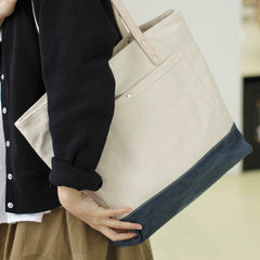 Women Beige&Navy Canvas Shopper Tote Bags  two tone canvas tote bags