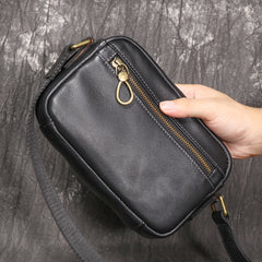 Black Small Messenger Bag Men's Black Leather Messenger Bag Small Black Leather Crossbody Bag - iwalletsmen