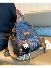Black Gray Embroidery Canvas Backpack Boho Style Backpack Vintage Convertible Boho Crossbody Bag - Feltify