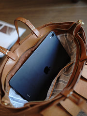 Vintage Brown Leather Splicing Bucket Handbag Tote Women Handmade Shoulder Tote Bag for Women