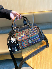 Black Gray Boho Handbag Canvas Embroidery Shoulder Bag Black Gray Canvas Crossbody Bag - Feltify