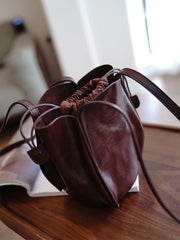 Vintage Womens Coffee Leather Small Bucket Shoulder Bag Flower Bud Bucket Purse for Women