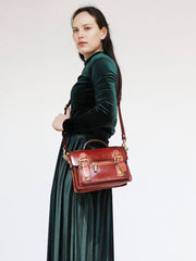 Womens Brown Small Leather Satchel Crossbody Bag Vintage School Handbag Shoulder Bag for Ladies