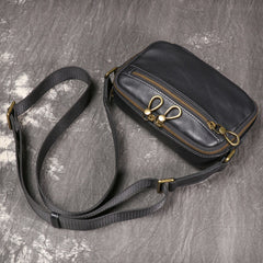 Black Small Messenger Bag Men's Black Leather Messenger Bag Small Black Leather Crossbody Bag - iwalletsmen