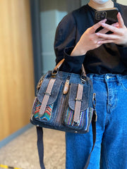 Canvas Convertible Handbag Crossbody Bag With outside Pockets Black Gray Canvas Embroidery Convertible Backpack Shoulder Bag - Feltify