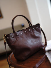 Classic Brown Leather Hollowed Out Flowers Handbag Women Flowers Shoulder Bag for Women