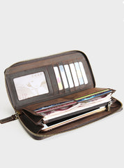 MENS Green LEATHER ZIPPER LONG CLUTCH Personalized - Front Close Up