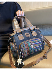Black Gray Canvas Shoulder Boston Bag Embroidery Canvas Handbag Black Gray Canvas Boston Handbag - Feltify