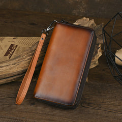 Leather Double Zip Around Wallet for Men Long Mens Double Zip Wallet Wristlet - iwalletsmen