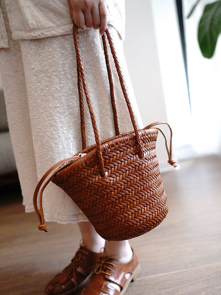 Brown Womens Braided Leather Bucket Purse Womens Braided Shoulder Bag for Ladies MDR03981046