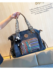 Boho Style Handbag Black Gray Canvas Boho Crossbody Bag Canvas Embroidery Shoulder Bag - Feltify
