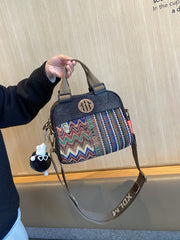 Black Gray Canvas Embroidery Handbag Shoulder Bag Black Gray Canvas Crossbody Bag - Feltify