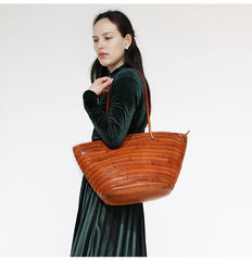 Womens Brown Leather Bucket Tote Purse Vintage Tote Shopper Shoulder Bag for Ladies