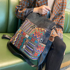 Vintage Convertible Large Boho Style Backpack Black Gray Embroidery Canvas Backpack Boho Crossbody Bag - Feltify