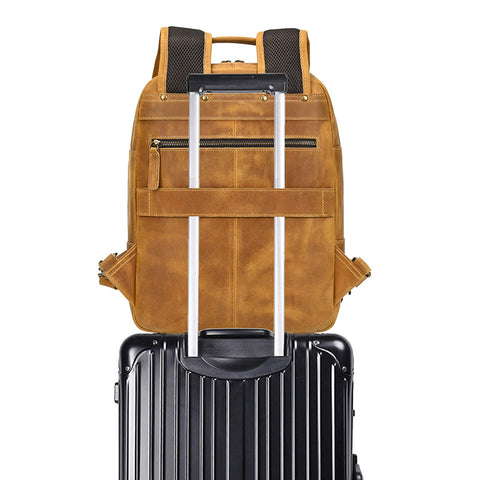 Mens Leather 15‘’ Laptop Backpack 14L Light Brown Large Leather Backpack for Travel