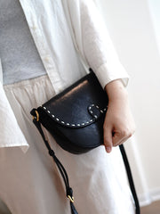 Vintage Womens Black Leather Small Saddle Handbag Shoulder Bag Purse for Women