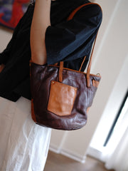 Vintage Brown Leather Stitching Style Shoulder Tote Women Tote Handbag for Women