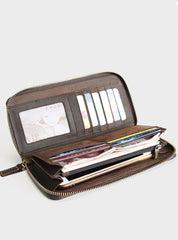 MENS LEATHER ZIPPER LONG CLUTCH Personalized WALLETs - Back View Open