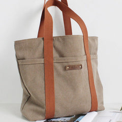 large canvas tote bag​ Women Khaki Canvas Shopper Tote Bags Two Tone Canvas Tote Bags 