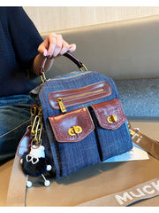 Convertible Denim Mini Backpack Bag Crossbody Bag Blue Convertible Denim Handbag Shoulder Bag - Feltify