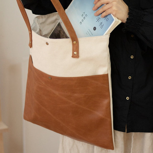 Canvas Tote Bags White&Brown Canvas Leather Handbags - Back View