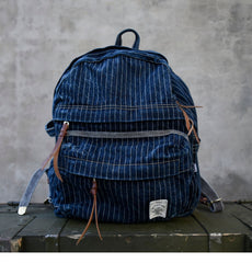 Blue Denim Backpack for Women Striped Jean Backpack Mens Striped Backpack - Feltify