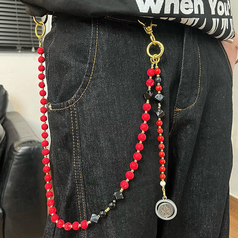 Red Lavastone Beaded Wallet Chain Long Bead - Back View
