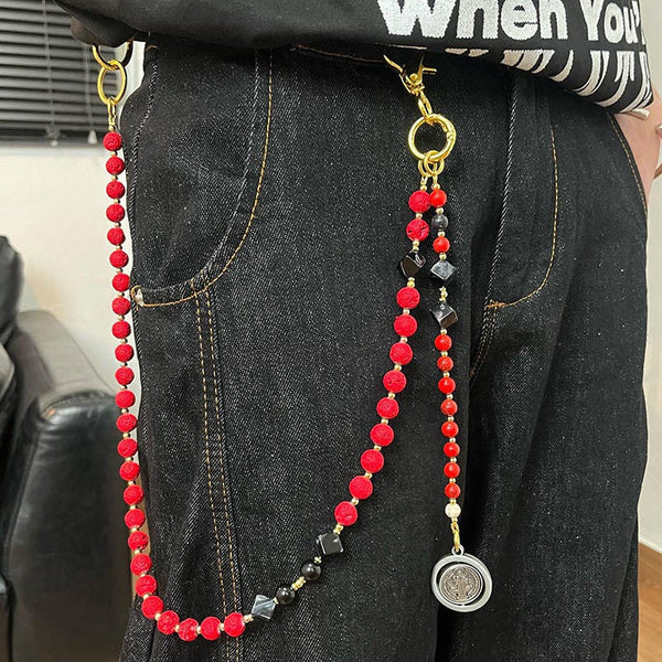 Red Lavastone Beaded Wallet Chain Long Bead - Back View